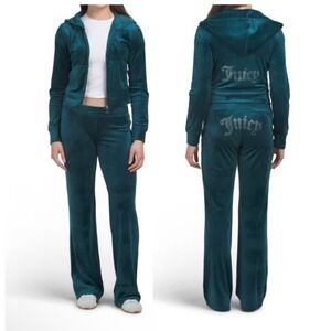 Juicy Couture Tracksuit XL sea Teal New Velour Rhinestone Hoodie Pants Set Y2K